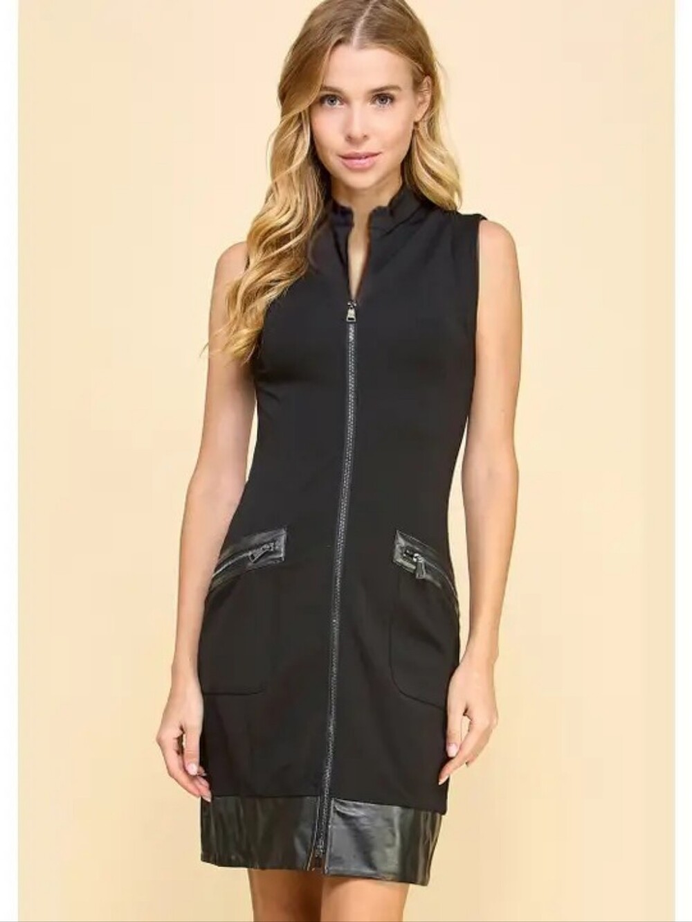 Sleeveless Faux Leather Black Zip-Front Dress